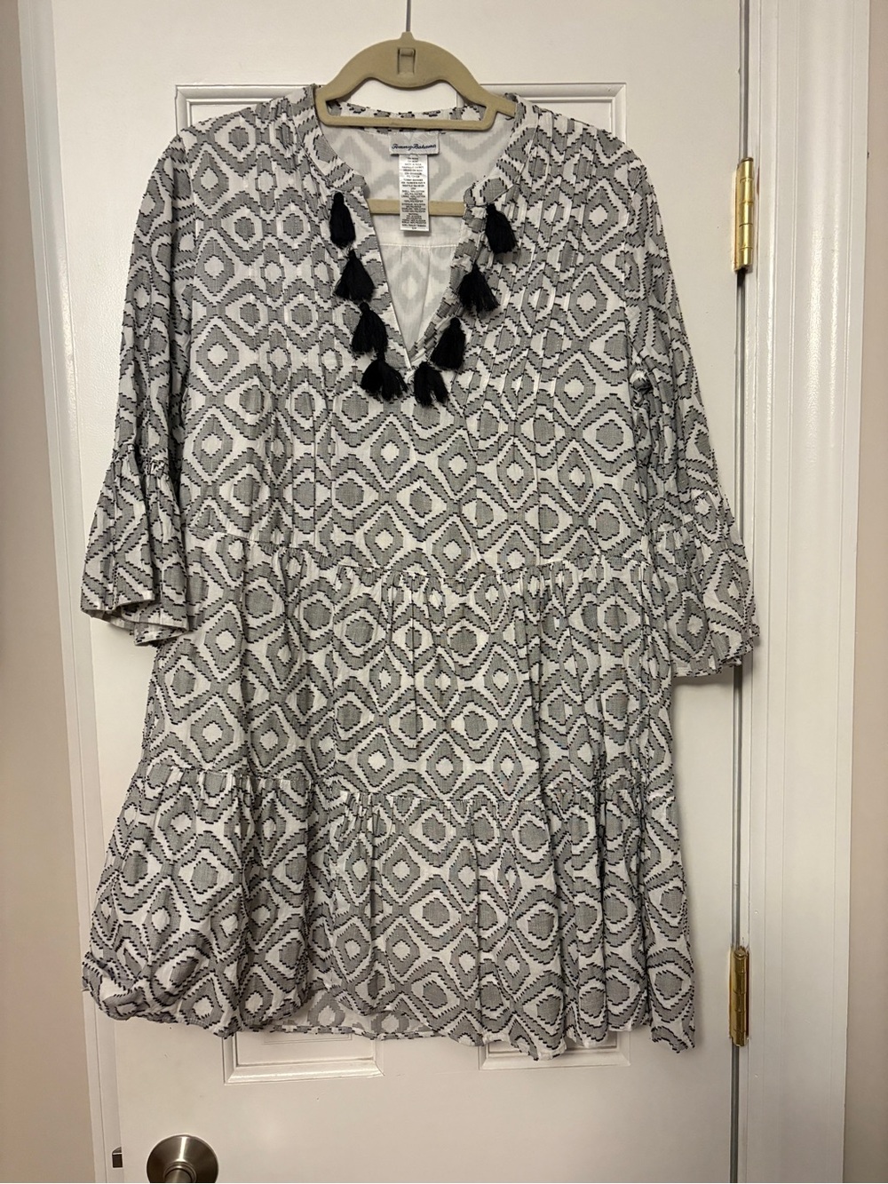 Tommy Bahama Petite S/P Boho Tassel Tunic Dress Black White Geometric